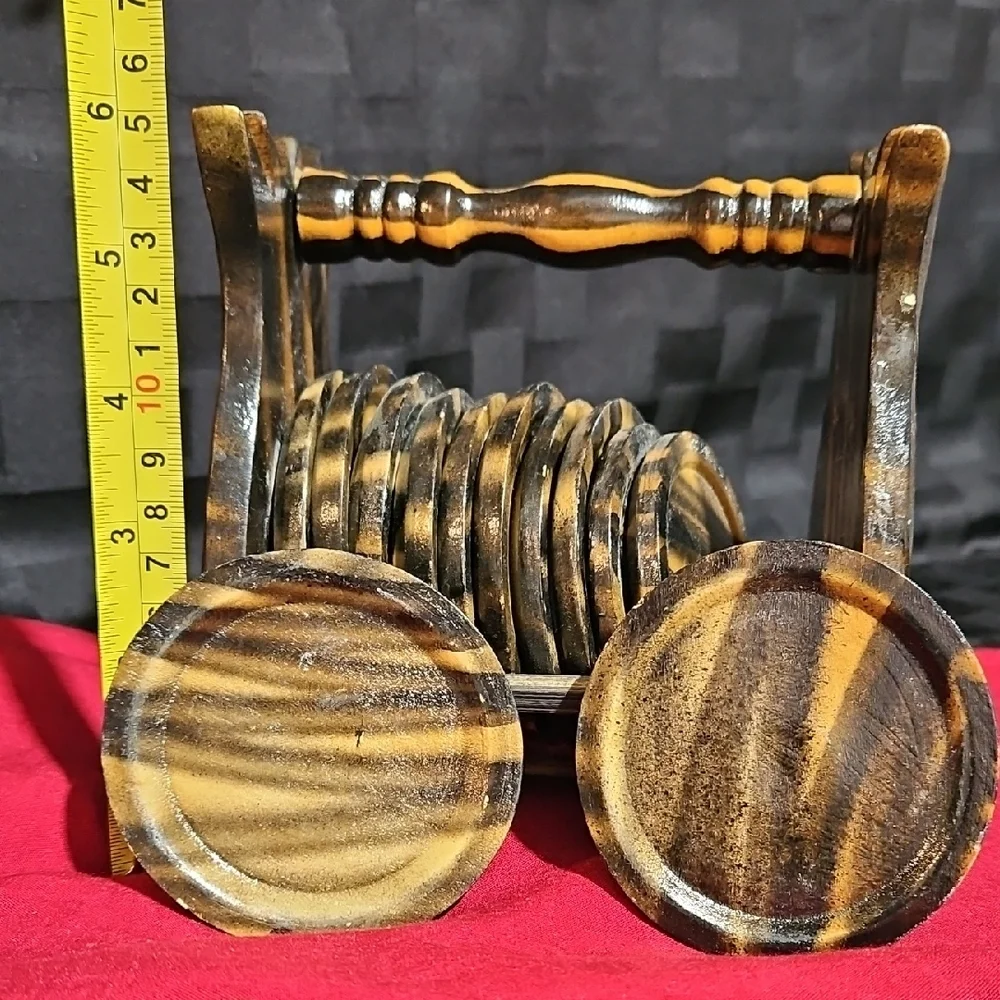 MCM Handcarved Zebra Stripe Tiki Wooden Coaster Set of 12 Pineapple Motif Holder